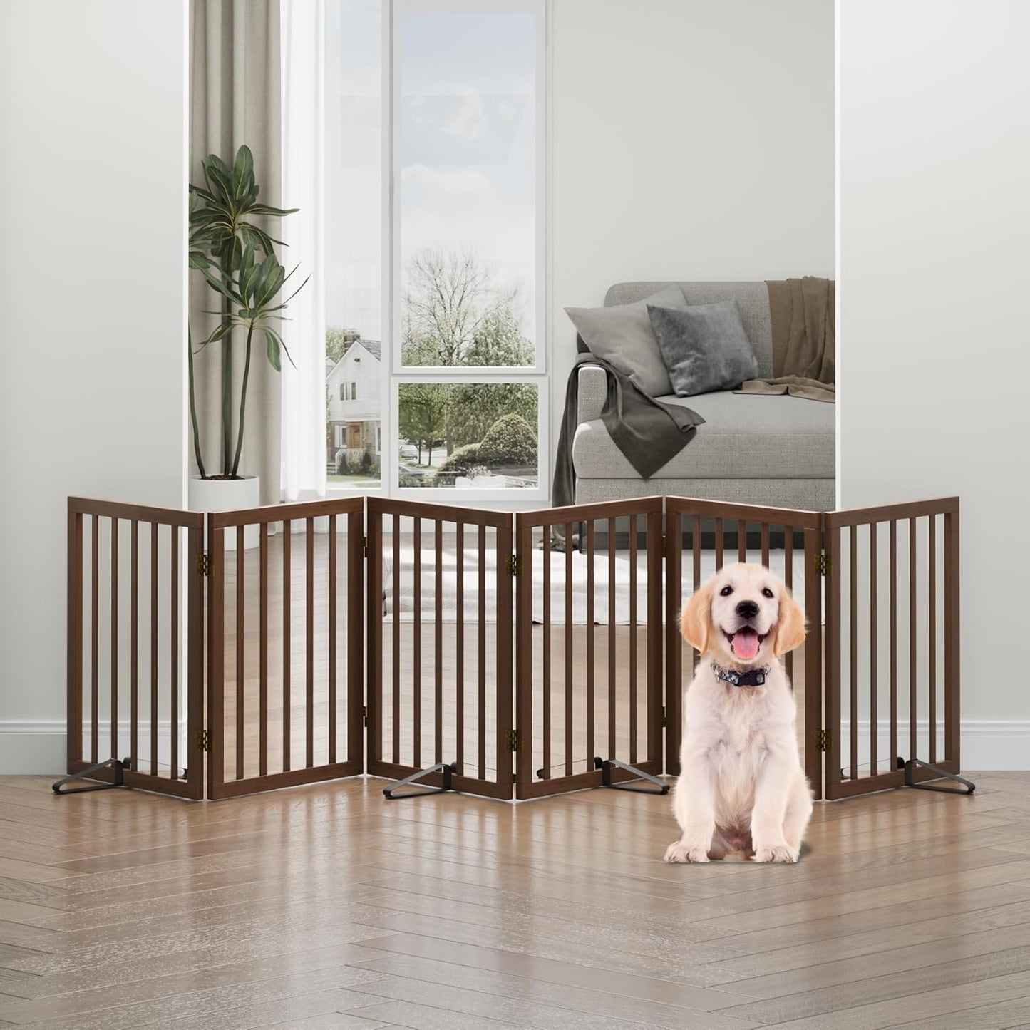 Freestanding Foldable Dog Gate - 4 Panel Room Divider with Metal Support Feet (Black)