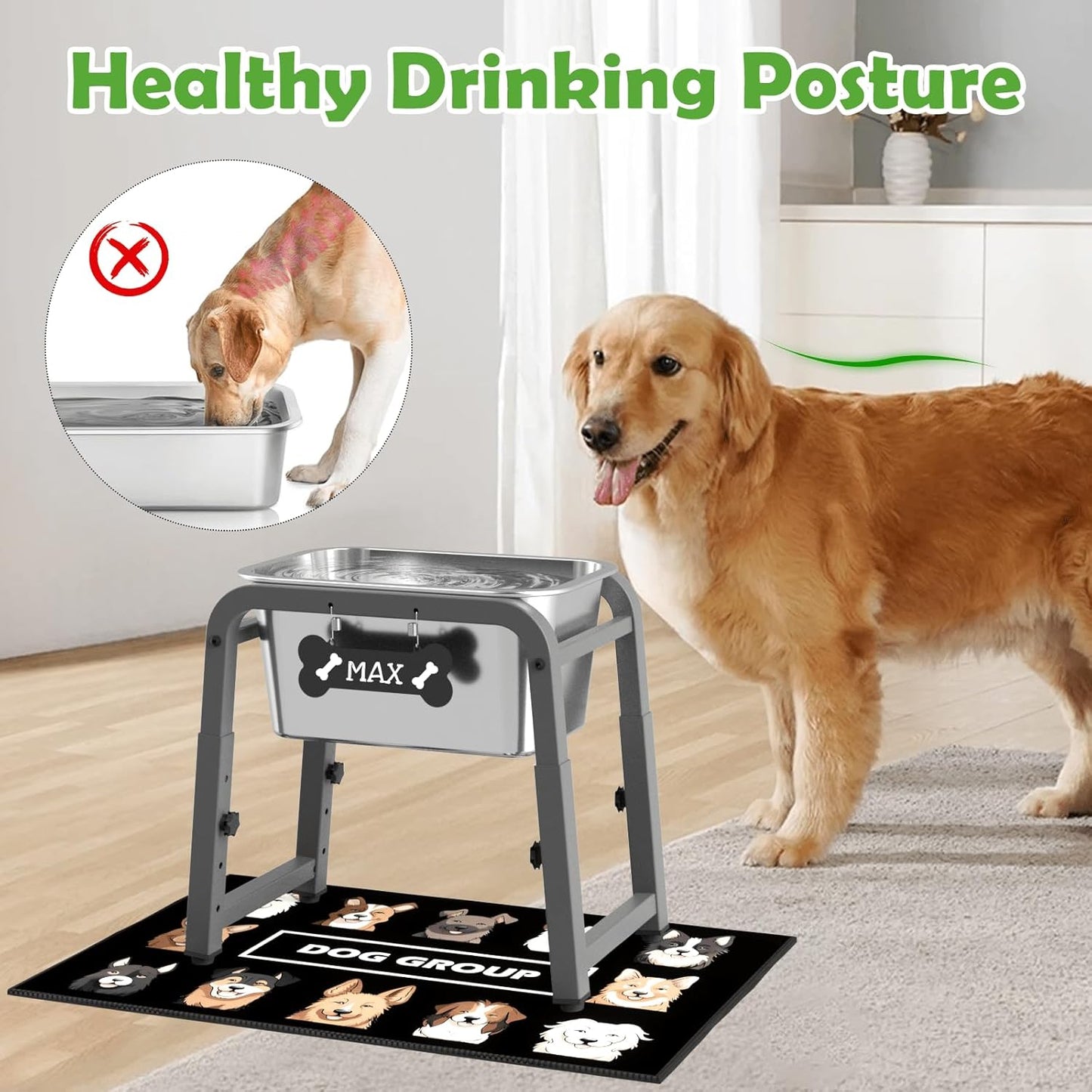 1.2 Gallon Elevated Dog Water Bowl, Height Adjustable (11–17'') Raised Stainless Steel Bowl with Spill-Proof Mat & Sturdy Metal Stand, Tip-Proof, Easy to Clean, Indoor & Outdoor Use