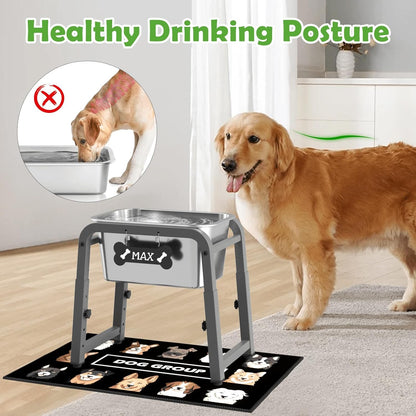 1.2 Gallon Elevated Dog Water Bowl, Height Adjustable (11–17'') Raised Stainless Steel Bowl with Spill-Proof Mat & Sturdy Metal Stand, Tip-Proof, Easy to Clean, Indoor & Outdoor Use