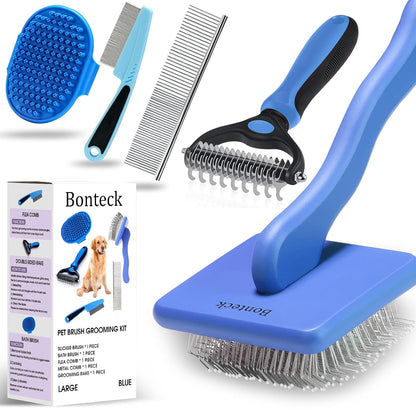 Bonteck Dog Slicker Brush for Dogs Grooming Kit 5PCS | Large Dog Brush for Goldendoodles Poodles Doodles | Long Pin Haired Brush | Poodle Brushes and Comb (Purple)