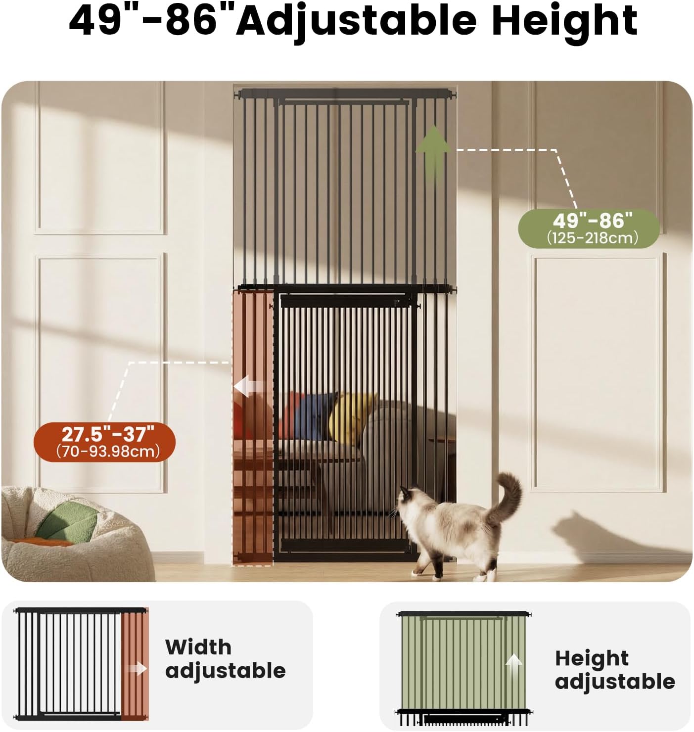 Gardner Pet Extra Tall Cat Gate 49"-86" Adjustable Height, Tall Pet Gate for Doorways/Hallways with 27.5"-37" Adjustable Width Baby Gate with 4 Extensions Kits, No Drilling Pressured Mounted (Black)