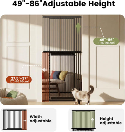 Gardner Pet Extra Tall Cat Gate 49"-86" Adjustable Height, Tall Pet Gate for Doorways/Hallways with 27.5"-37" Adjustable Width Baby Gate with 4 Extensions Kits, No Drilling Pressured Mounted (Black)