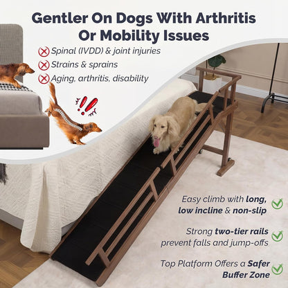 Dog Ramp for Bed or Couch, Wooden Pet Ramp with 20° Gentle Slope, Removable Side Rails, Non-Slip Surface, Top Platform & Wheels, Safe Bed Ramp for Small, Large & Senior Dogs, 60" Long, Mahogany