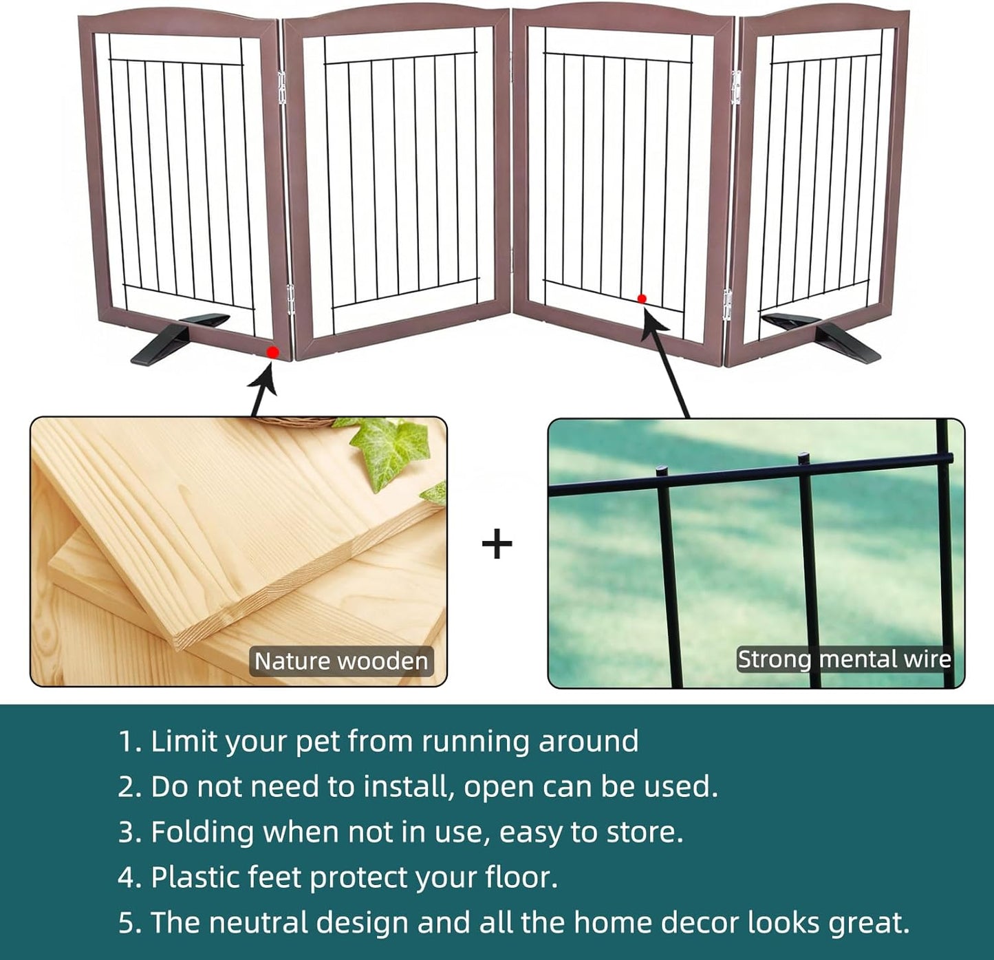 ZJSF Freestanding Dog Fence Indoor, Foldable Dog Gate for Doorways, Stairs or Hallways, Sturdy Wood Extra Wide Pet Gate with Support Feet for The House, White, 24 "Height-3 Panels