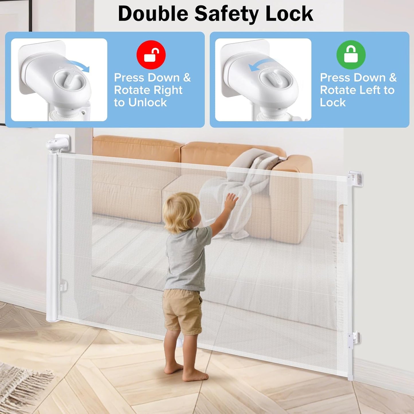 Retractable Baby Safety Gate, 33.8" Tall Extends to 55" Wide, Dual Lock, Adjustable Mounting, Extendable Pet Gate for Hallways, Stairs, Indoor & Outdoor（Black）