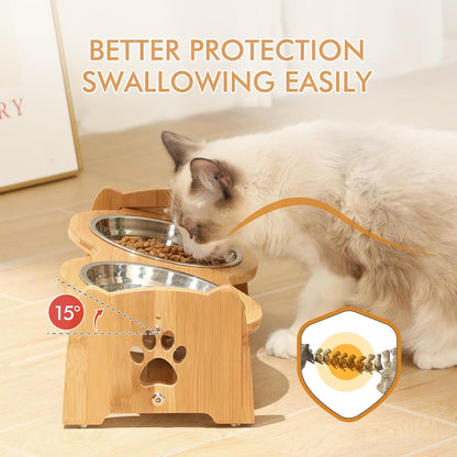 X-ZONE PET Elevated Dog Bowls for Cats and Dogs, Adjustable Bamboo Raised Dog Bowls for Small Dog, Food and Water Set Stand Feeder with 2 Stainless Steel Bowls and Anti Slip Feet (Height 4" to 4.5")