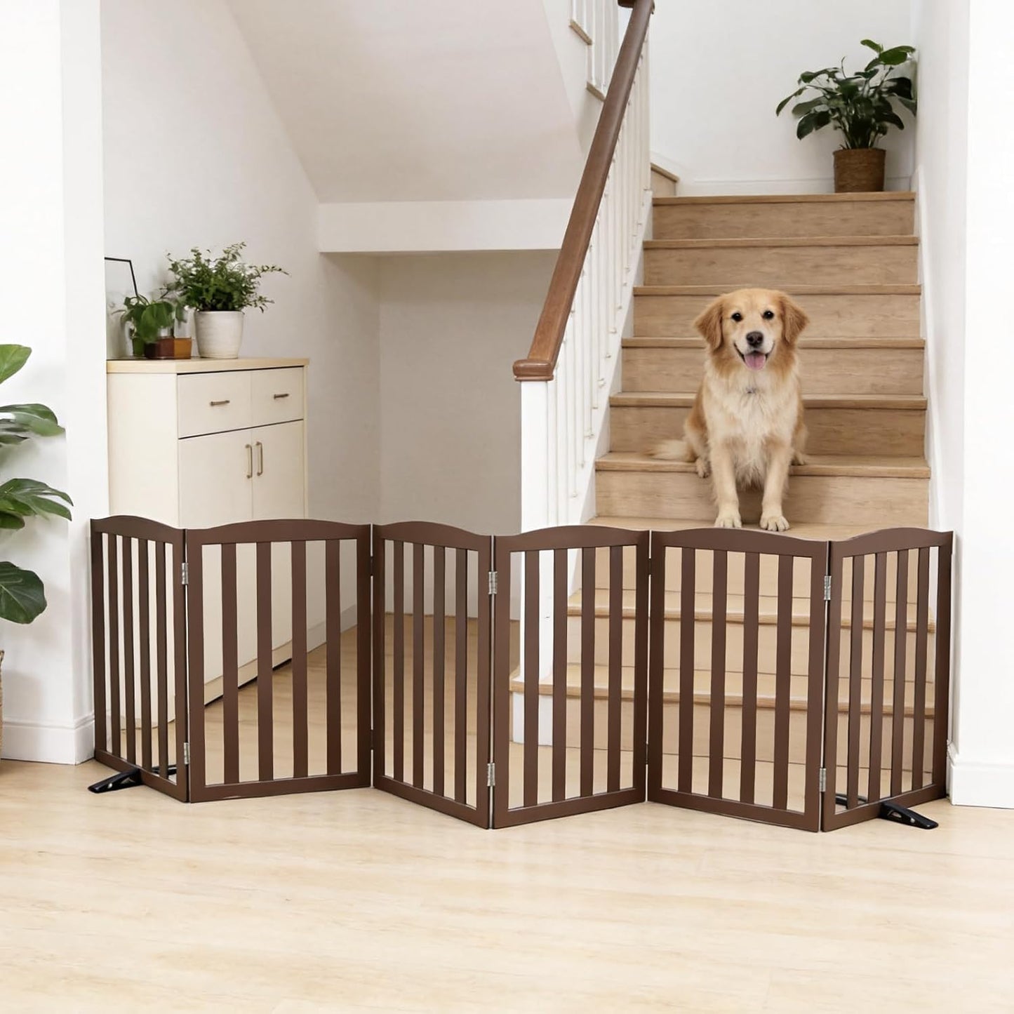 Freestanding Dog Gate Indoor,Doggie Gate Foldable Pet Gates for Doorways,Stairs or Hallways, Wooden Brown Pet Gate for the House, Pet Fence with Support Feet Included,24 "Height-3 Panels