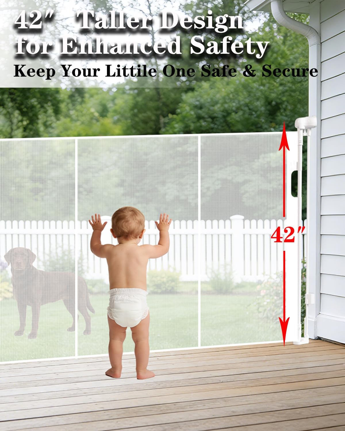 240'' Extra Wide Retractable Baby Gates for Large Opening, 42" Tall Retractable Dog Pet Gate with Support Rods, Long Mesh Screen Child Safety Gate for Garage Doorways Deck Stairs Yard Outdoor Indoor