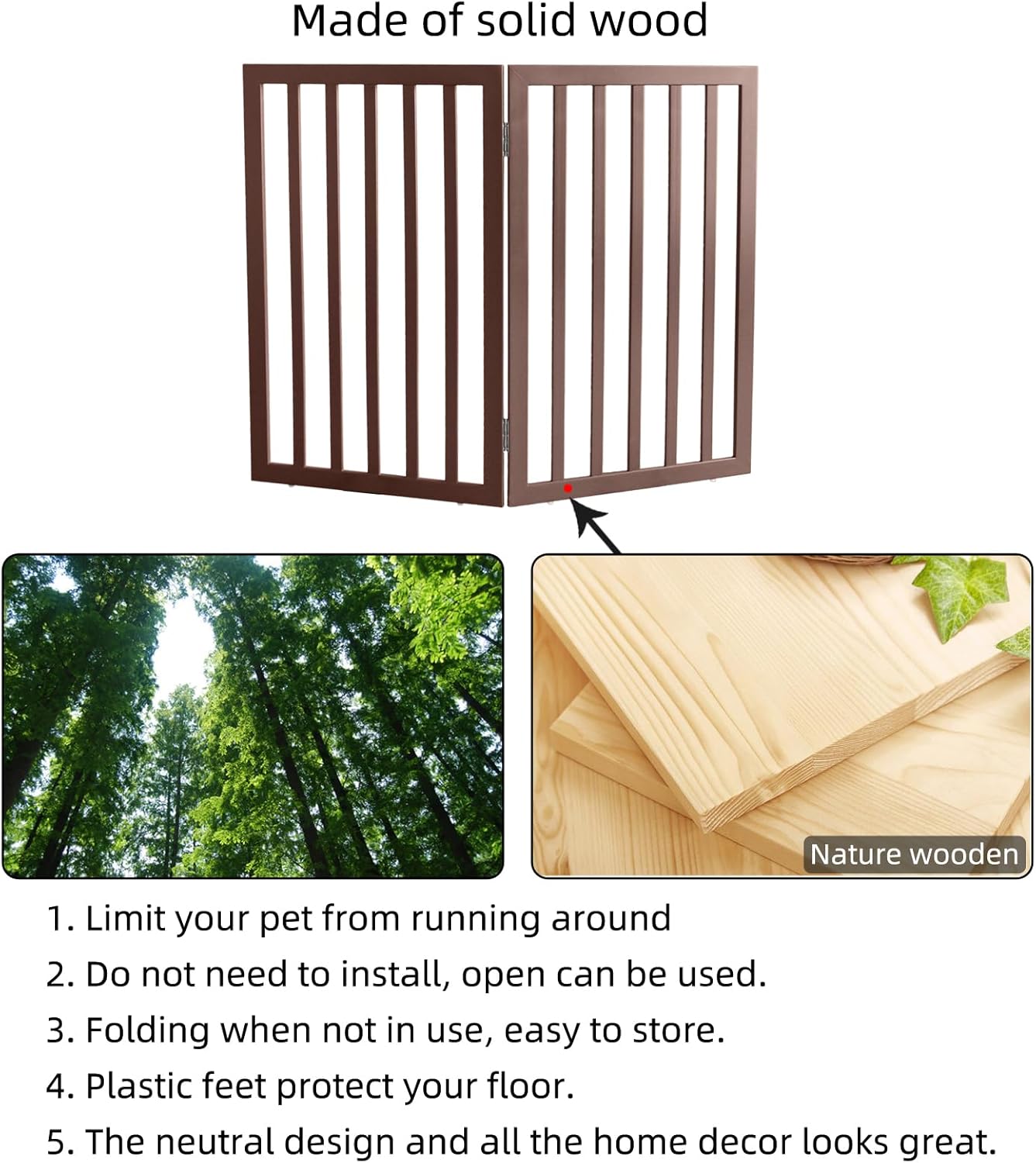 ZJSF Freestanding Indoor Dog Gate for House Foldable Wood Brown Puppy Gate for Doorways Pet Gate for Stairs Extra Wide Pet Fence 24" Height 2 Panels