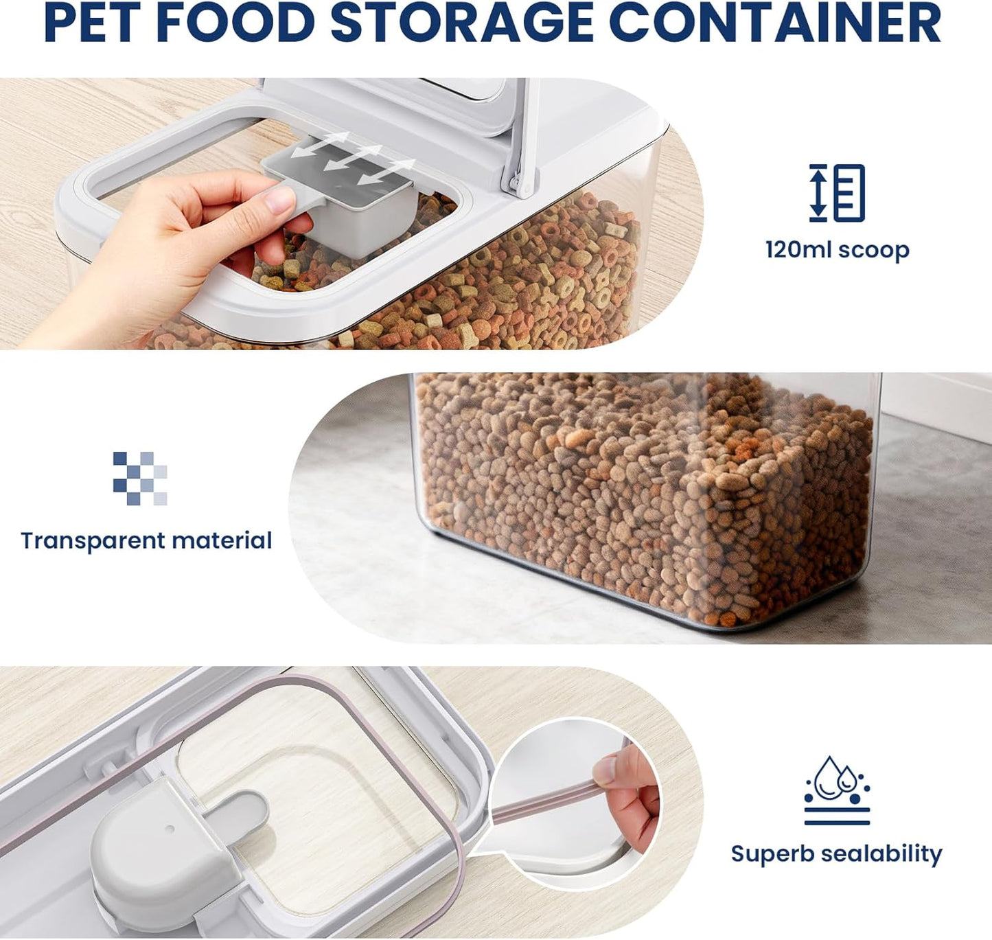 6 lbs Airtight Dog Cat Food Storage Container and Dog Treat Containers BPA-Free, PET Clear Stackable Pet Storage Bin, 1-Cup Scoop, 1-Sponge cleaning brush, Pop Top, With handle, Easy Mobility-Medium