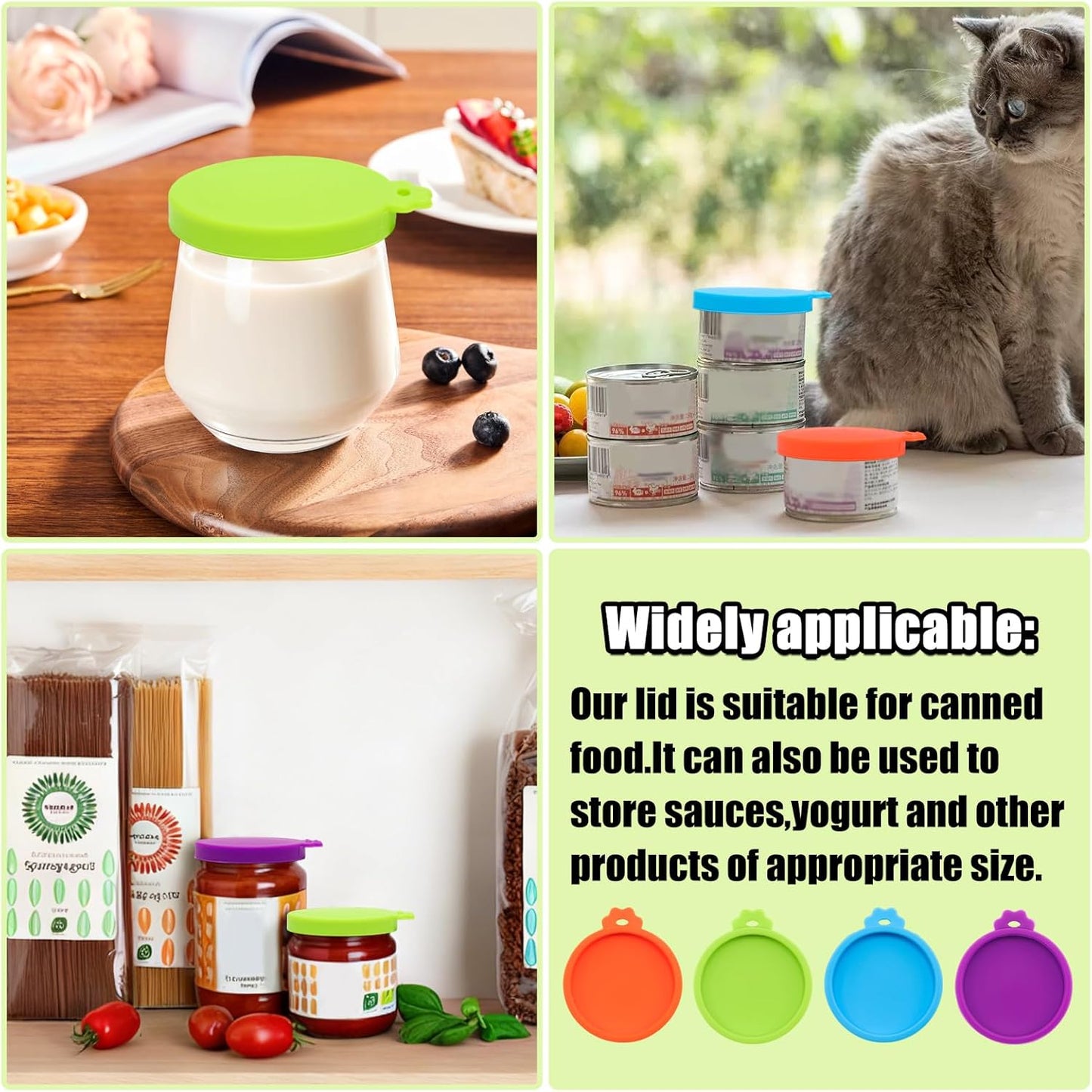 PINE & LINEN 4 Pcs 2.5inch Durable Pet Can Lids, Silicone Small Pet Can Covers Waterproof Cat Food Cans Lids for 3 oz Cat Food Cans（Yellow+Red+Pink+Blue）