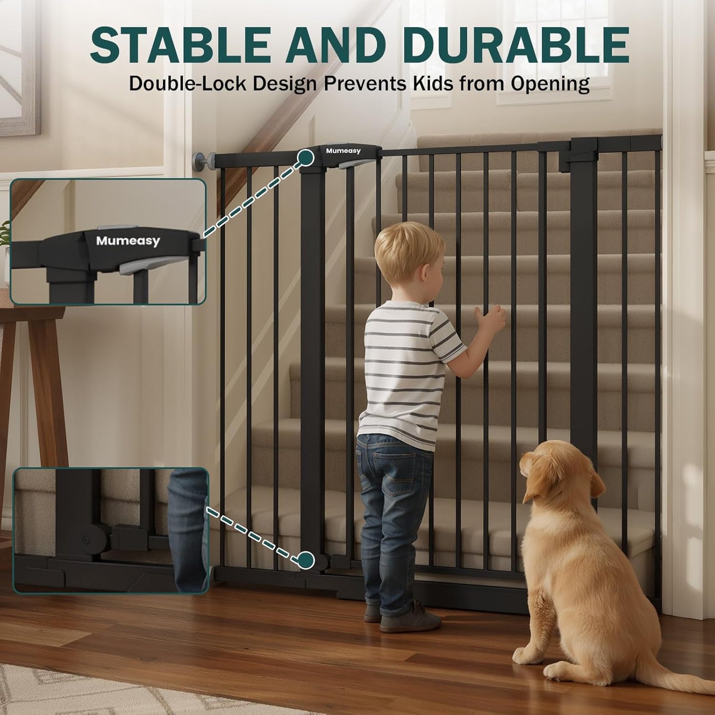 Mumeasy 29.7-46" Baby Gate for Stairs, Pressure Mounted Dog Gate for Doorways, Auto Close Walk Through Pet Gate Indoor, Extra Wide Metal Child Safety Gate, Mom's Choice Awards Winner, Black