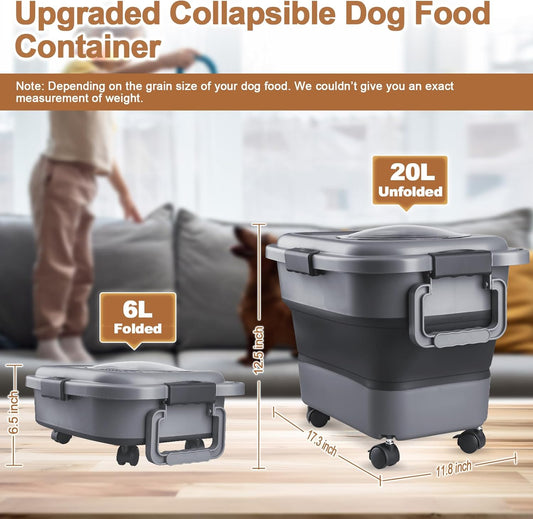 Dog Food Storage Container，10-25 lbs Airtight Collapsible Cat Food Storage Container with Attachable Wheels, Portable Handle, Dog Food Scoop for Dog Cat Bird Pet Dry Food Storage Bin Dark Grey