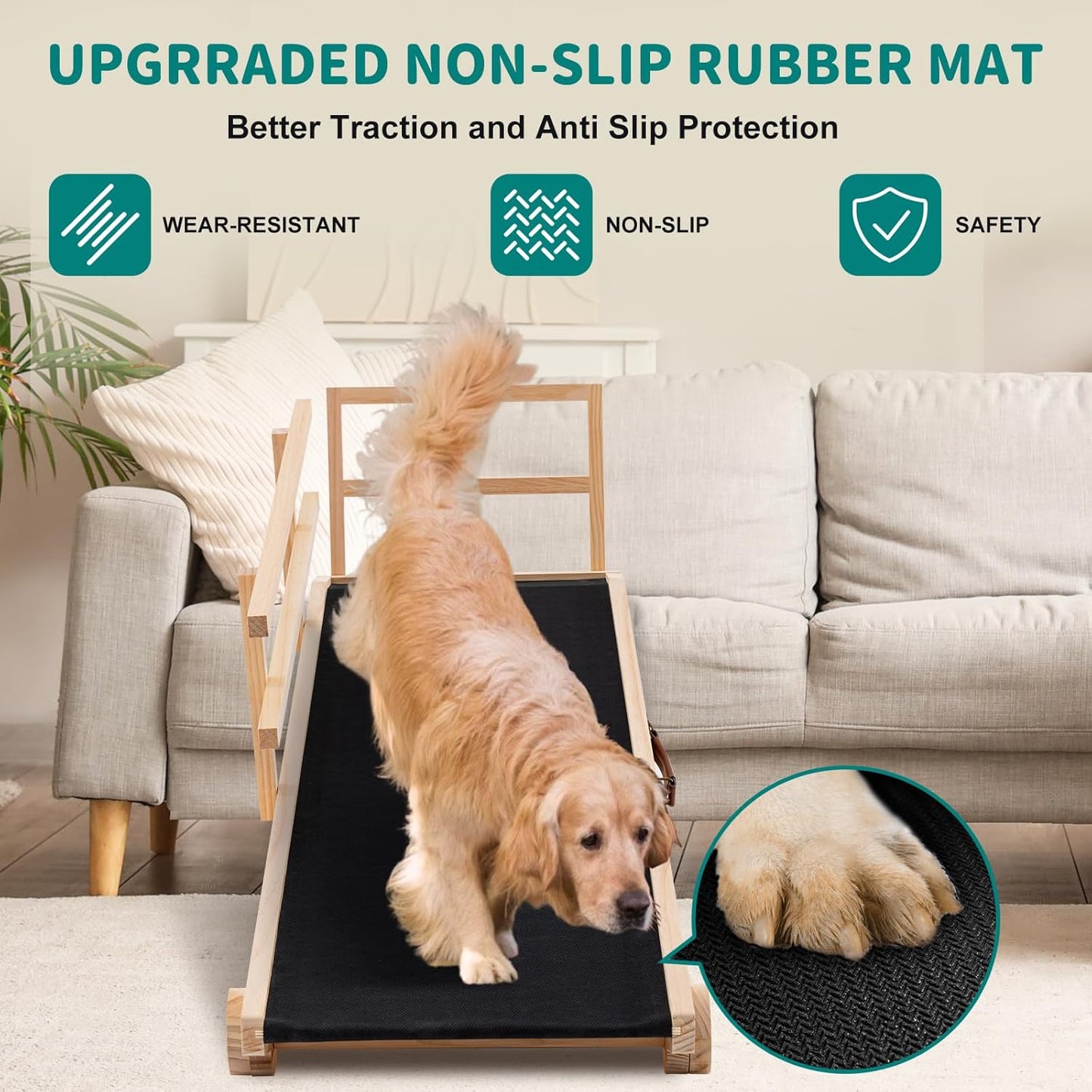 Dog Ramp for Bed, Adjustable Pet Ramps for Dog to Get on Bed, Non-Slip Rubber Surface - Folding Wooden Dog Ramp for Small/Large/Old Dogs, Adjustable up to 27.5 inch High Beds, Safety Railings