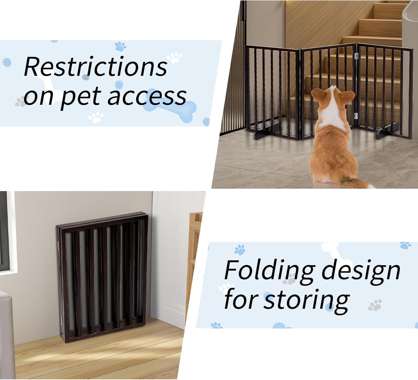 4 Panels Wooden Dogs Fence,Free Standing Pet Gate for Dog Cat,Wooden Indoor Foldable Dog Gate,Wide Pet Puppy Safety Fence,with Support Feet,for Hallways, Stairs, Doorways, Halls, Kitchen (Brown)