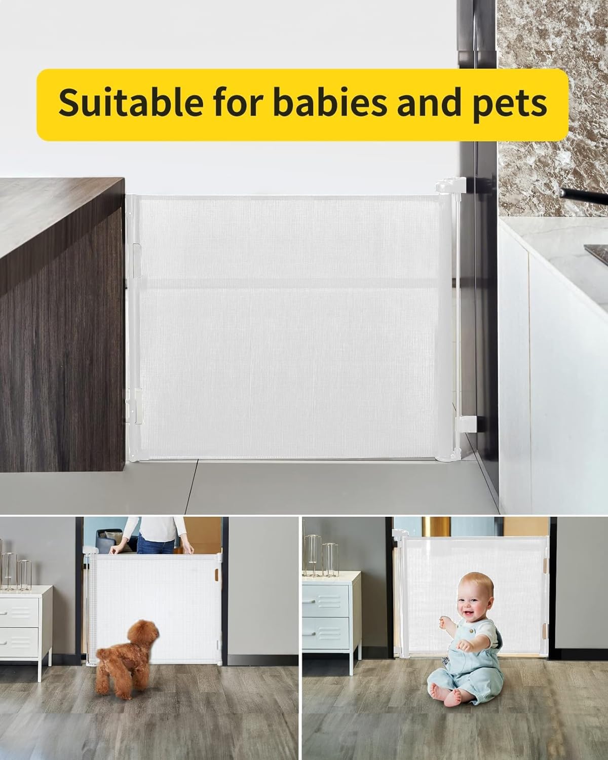 Retractable Baby Gate,Mesh Baby Gate or Mesh Dog Gate,33" Tall,Extends up to 71" Wide,Child Safety Gate for Doorways,Stairs,Hallways,Indoor/Outdoor（White,33"x71"）