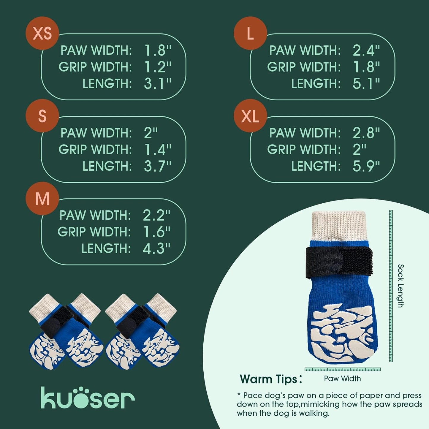 Kuoser Non-Slip Dog Socks, 2 Pairs Socks to Prevent Licking Paws, Paw Protectors for Hot Pavement, Hardwood Floors, Traction Control for Small, Medium, Large Dogs