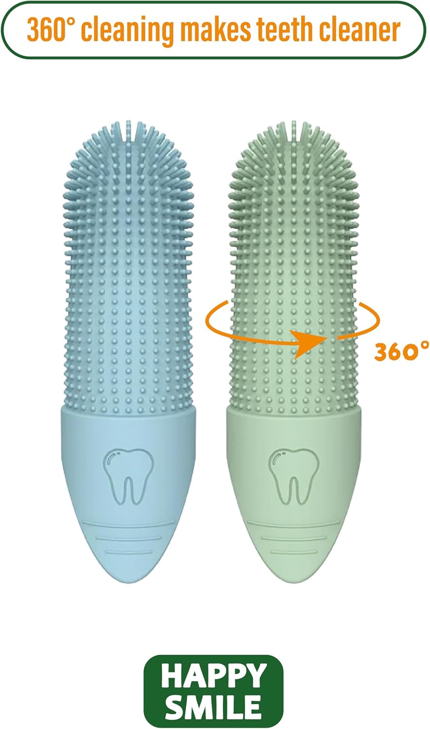 Happy Smile Dog Toothbrush 360° – Soft Silicone Finger Toothbrush for Dogs & Cats, Gentle Teeth Cleaning, BPA-Free, 2-Pack (Blue & Green)