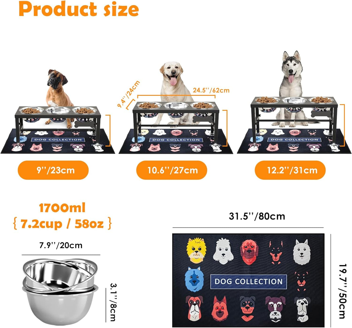 ADENGL Metal Raised Dog Bowl, 10" Tall Elevate Dog Feeder Stand with 2 Stainless Steel 42oz Bowls & 16x24 Non-Slip Mat – Stronger Dogs Food & Water Bowl Stand (Black)