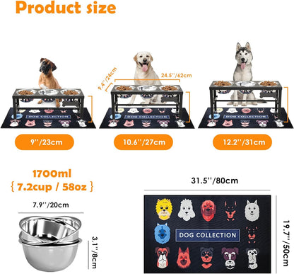 ADENGL Metal Raised Dog Bowl, 10" Tall Elevate Dog Feeder Stand with 2 Stainless Steel 42oz Bowls & 16x24 Non-Slip Mat – Stronger Dogs Food & Water Bowl Stand (Black)