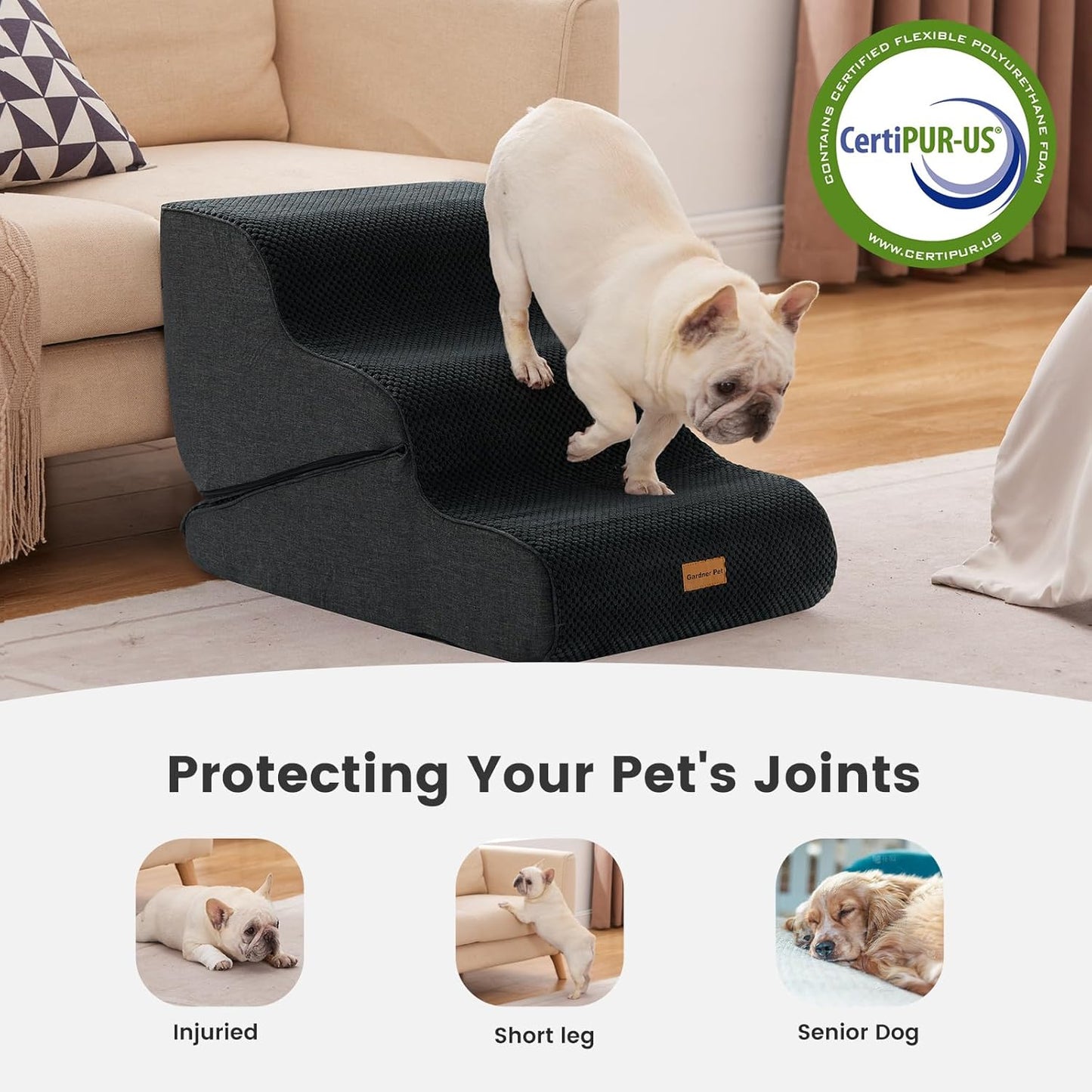 Gardner Pet 4-Step Dog Stairs for Small Dogs 18.5" H, Curved 4-Step Pet Stairs, Dog Steps for High Bed (18-20 in), Couch with Durable Non-Slip Waterproof Fabric Cover and CertiPUR-US Certified Foam