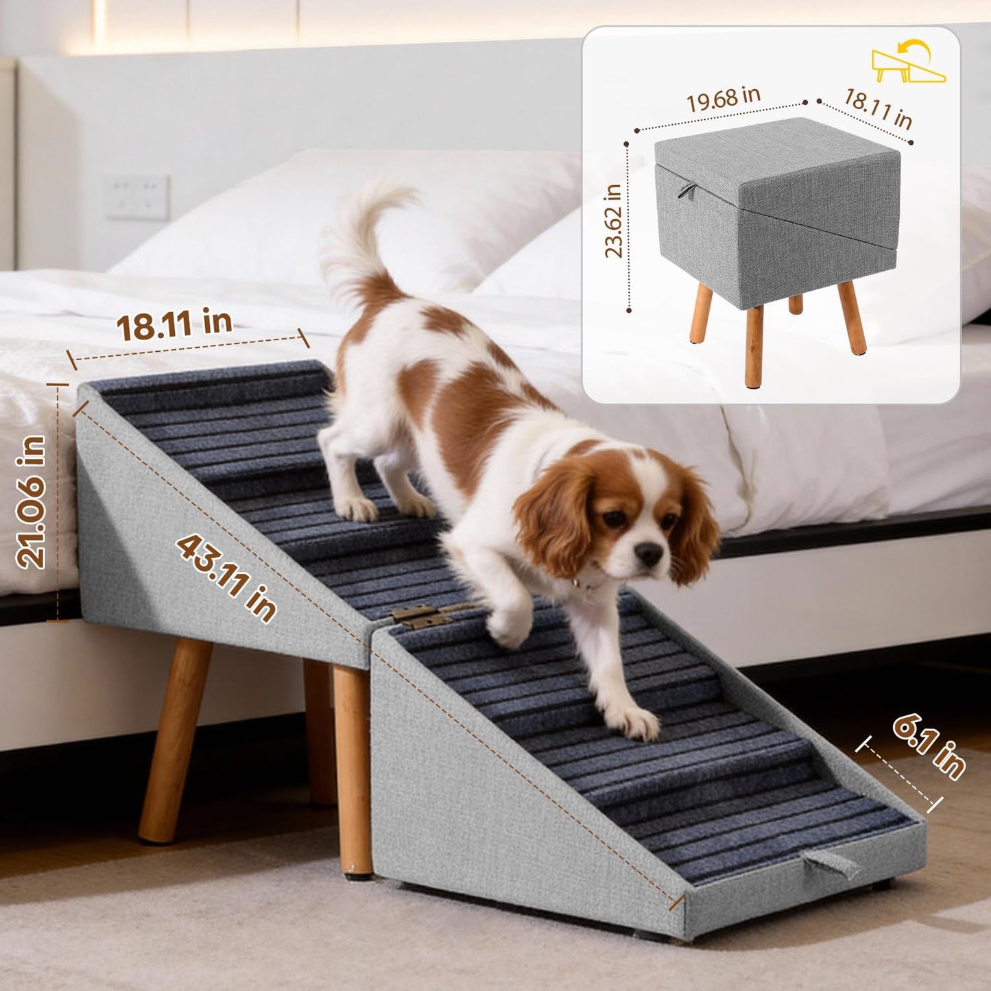 17.13" H Dog Stairs for Small Dogs, 2-in-1 Pet Steps & Ottoman - Foldable Dog Stairs for Couch, Non-Slip Wooden Pet Stairs for Puppy Senior Injured Dogs