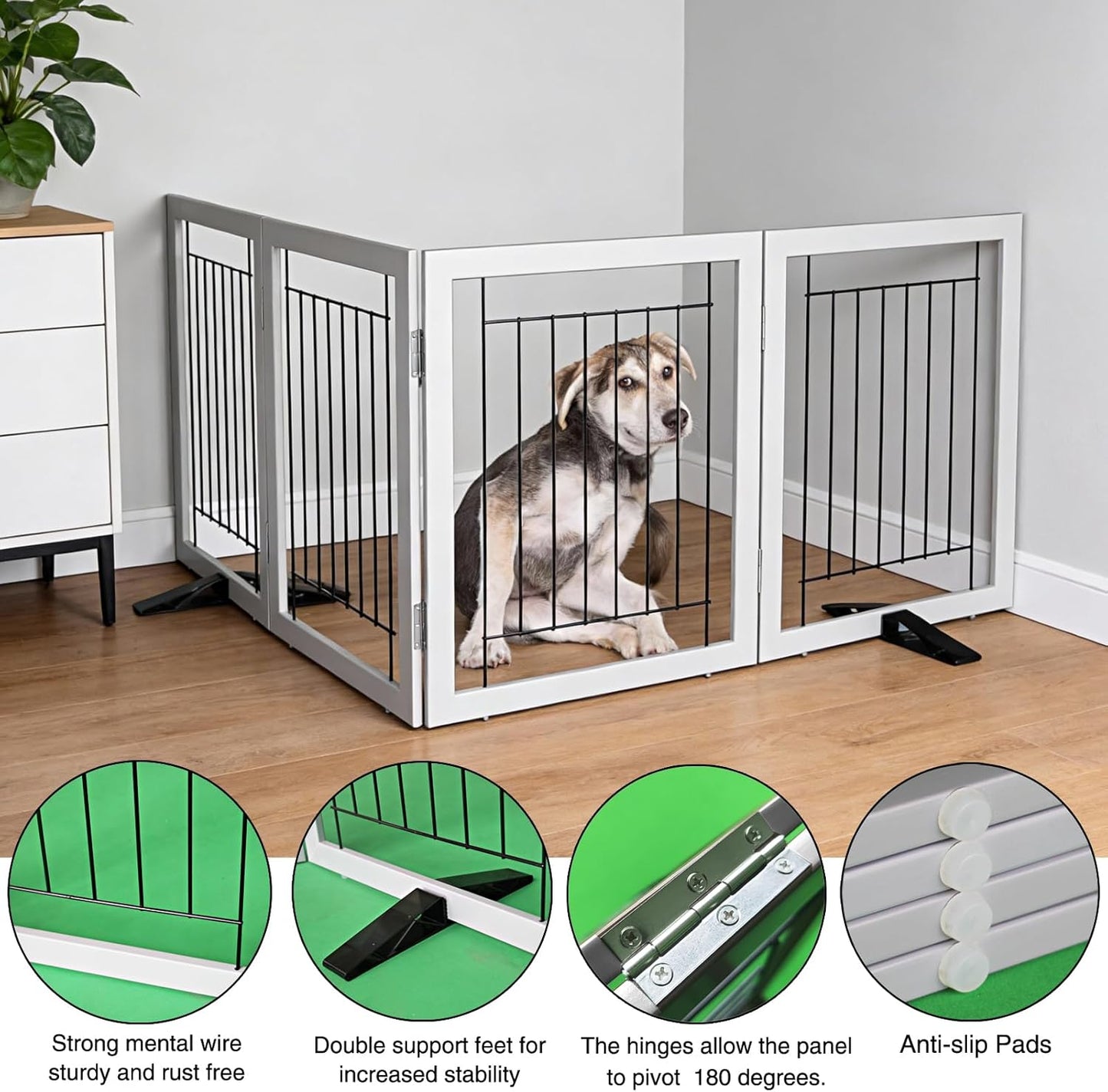 ZJSF Freestanding Dog Gate Indoor, Foldable Dog Fence for Doorways,Hallways or Stairs, Sturdy Wood Extra Wide Pet Gate with Support Feet,Black,24 "Height-3 Panels