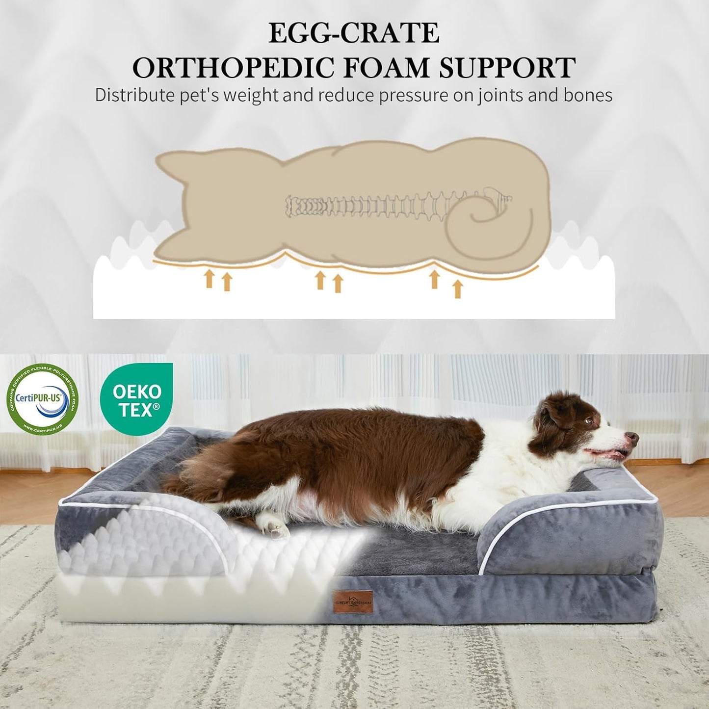 Comfort Expression Orthopedic Dog Bed for Extra Large Dogs 42x30 Inch, Waterproof Egg Crate Foam XL Pet Bed with Removable Bolsters, Dog Couch with Washable Cover & Non-Slip Bottom, Grey - Colors A