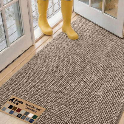 GORILLA GRIP SoakSTOPPER Dog Door Mat, 30x20 Machine Washable Rug Absorbent Doormat Captures Moisture Mud Dirt, Quick Dry Soft Chenille Entryway Rugs Indoor Entrance Mats for Dog Paws, Paw Grey