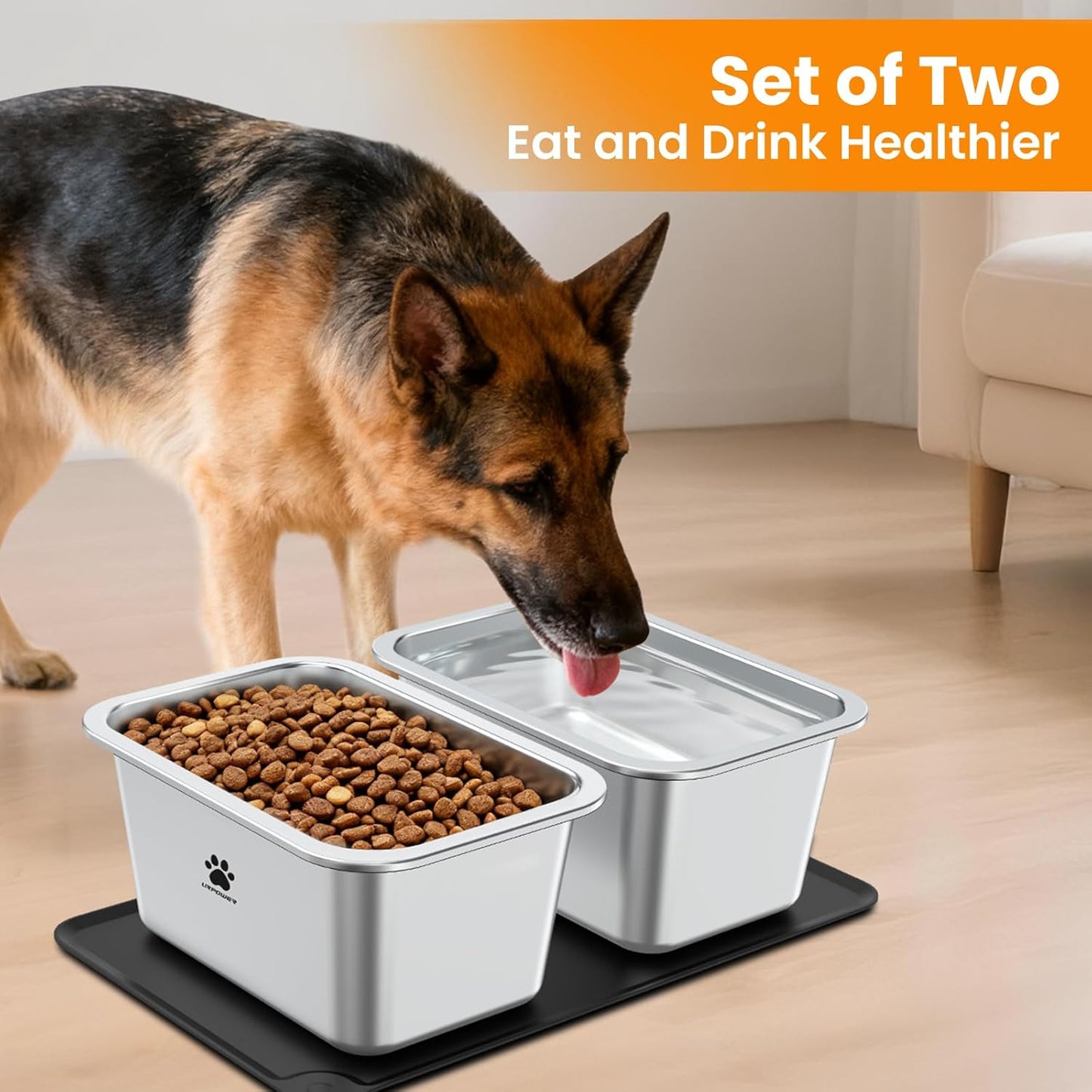 URPOWER 2 Pack 1.25 Gallon Large Dog Water Bowl, Thickened Stainless Steel Dog Water & Food Bowls with Non-Slip Mat, Spill-Proof Metal Pet Bowl Set for Medium, Large, X-Large Dogs, Indoor/Outdoor Use