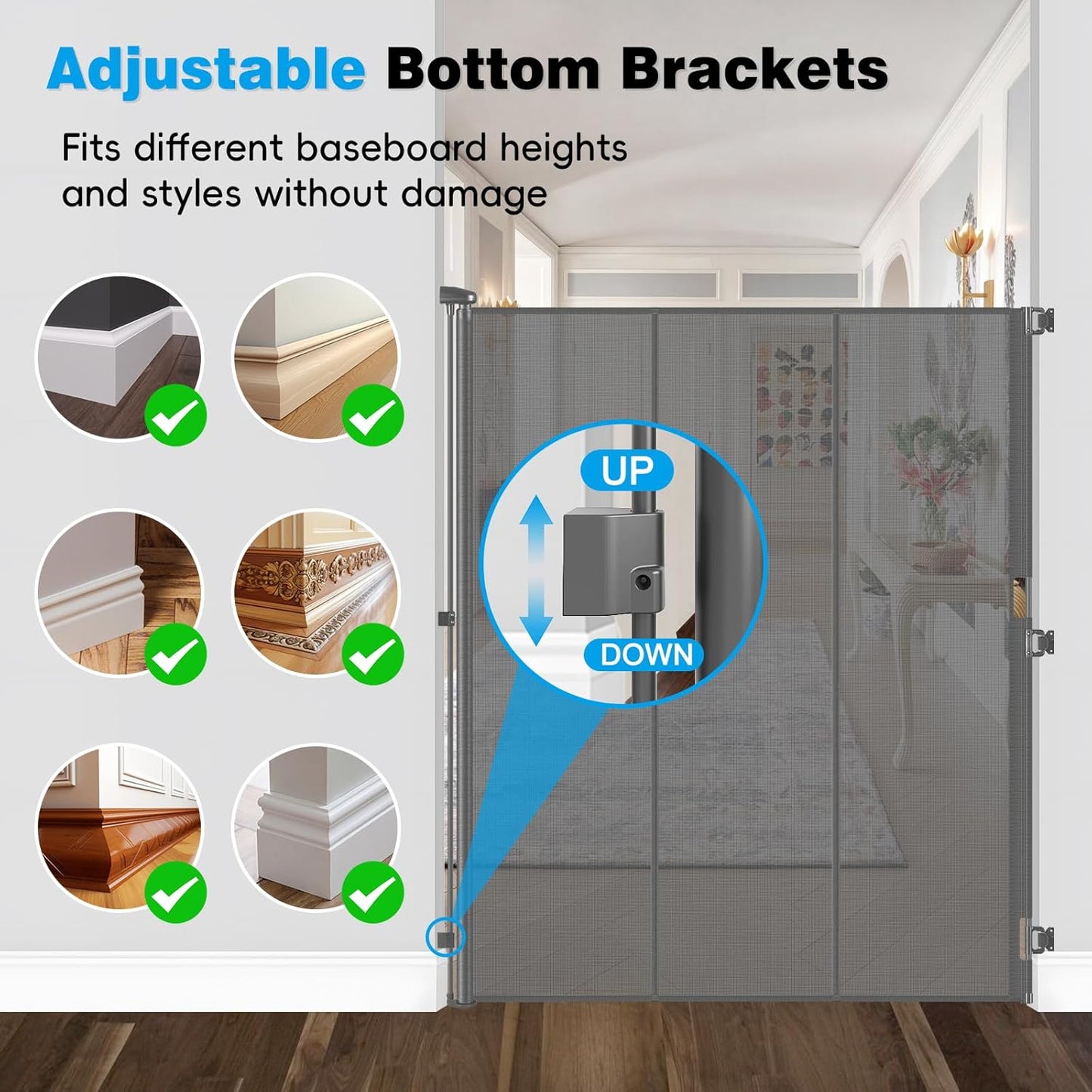 Reinforced 72" Extra Tall Pet Gate for Cat, Dog, Puppy & Baby, Jump-Resistant & Prevent Crawling Underneath Retractable Baby Gates, Fits 0-55" Width Safety Mesh Dog Gate, 6 Foot Extra Tall Cat Gate