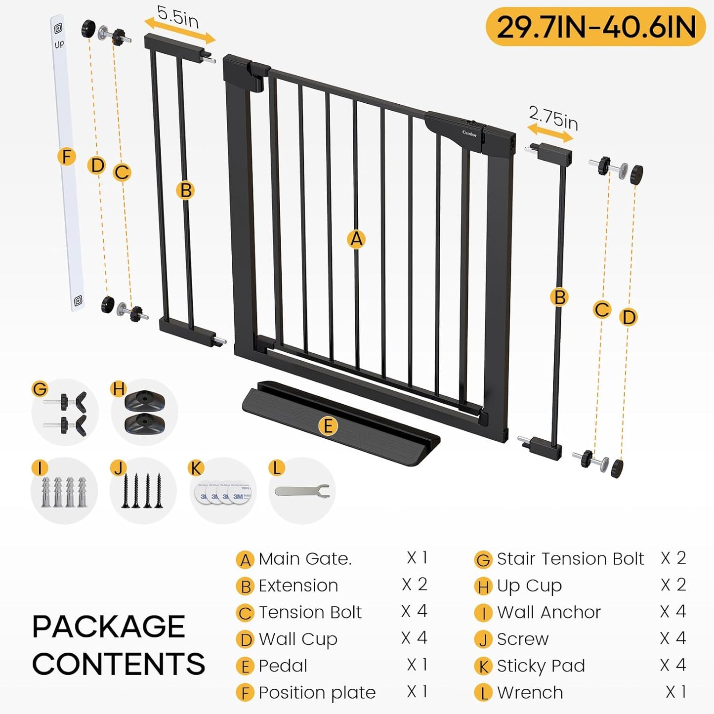 Cumbor 36.6-64" Extra Wide Baby Gate for Stairs, Dog Gates for Doorways, Auto-Close Pet Gate Indoor, Pressure Mounted Walk Through Safety Child Gate for Kids Toddler, Tall Pet Puppy Fence Gate, Brown