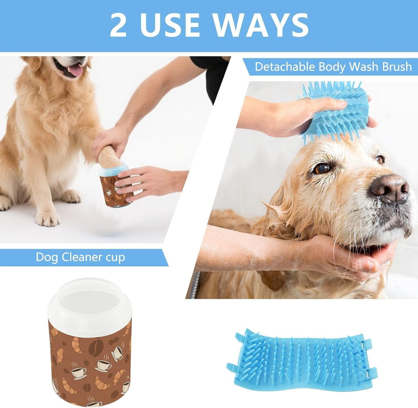 Breakfast Coffee Brown Print Dog Paw Cleaner Cup with Soft Silicone Brush, Portable Lightweight Small Muddy Paw Washer for Dogs, Easy to Use Pet Foot Cleaner