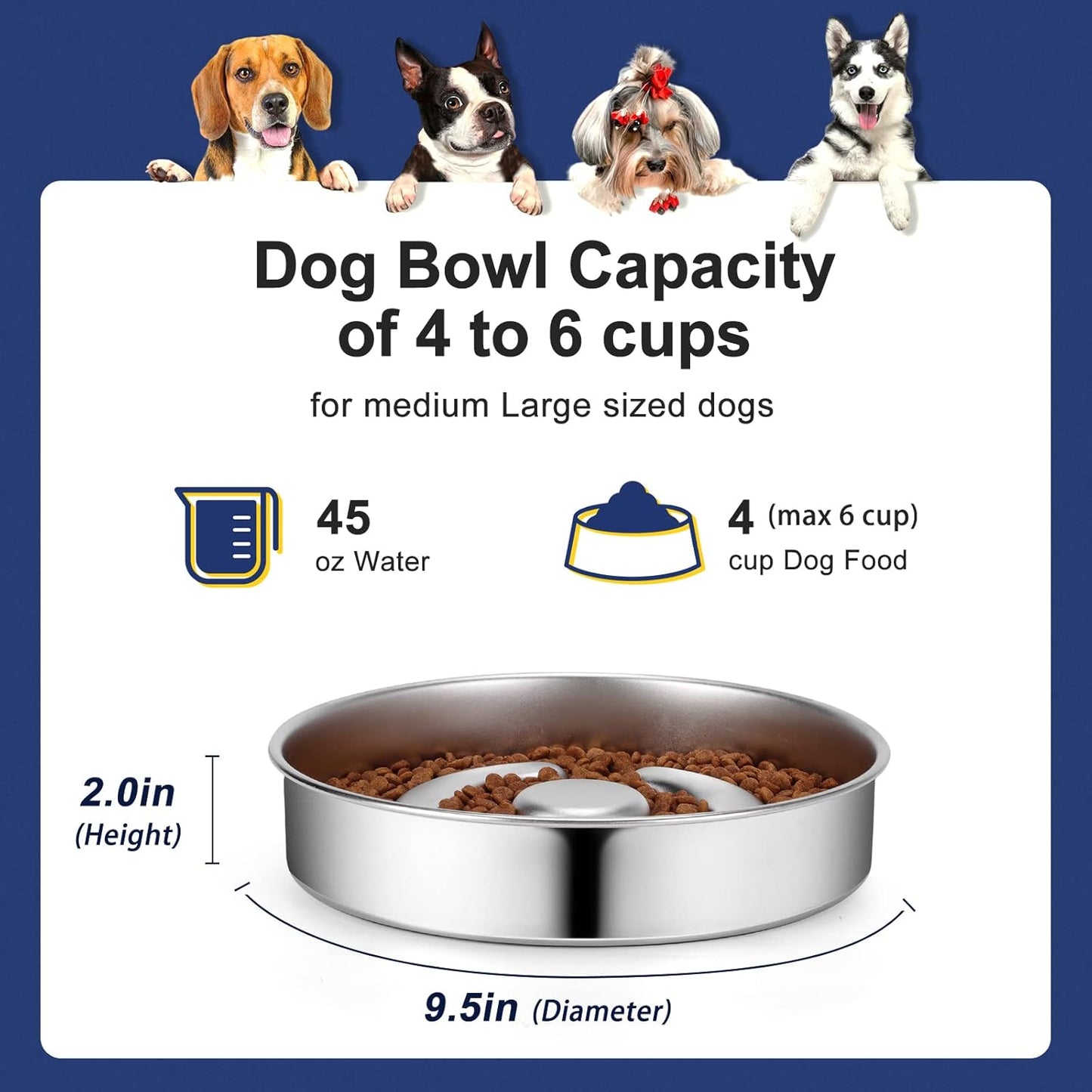 AIPERRO Slow Feeder Dog Bowl Stainless Steel, 2 Cups Metal Non-Slip Dog Food Bowls, Dogs Water Bowl for Small & Medium Sized Dogs, Fun Bloat Stop Pet Bowl for Fast Eaters, Slows Down Pets Eating