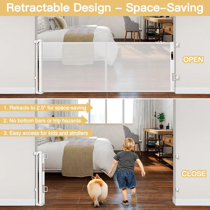 Reinforced 28 Inch Tall Retractable Baby Gates for Dogs, Easy Step Over Pet Gate with Support Rods, 55" Wide Retractable Dog Gate, Puppy Gates for The House Short Dog Gate for Stairs, Doorways, White