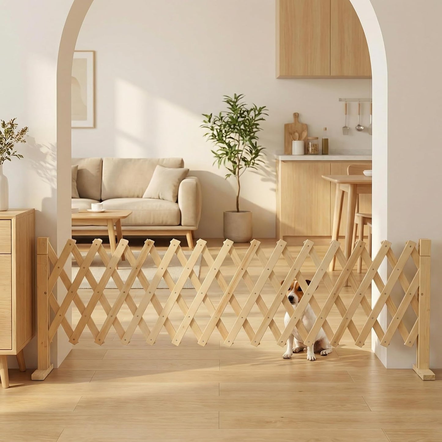 Adjustable Freestanding Wooden Pet Gate for Doorways & Stairs - Pressure Mounted Short Dog Gate, 15in Tall Freestanding Gate Expands 14 to 49in Wide for Dogs and Cats