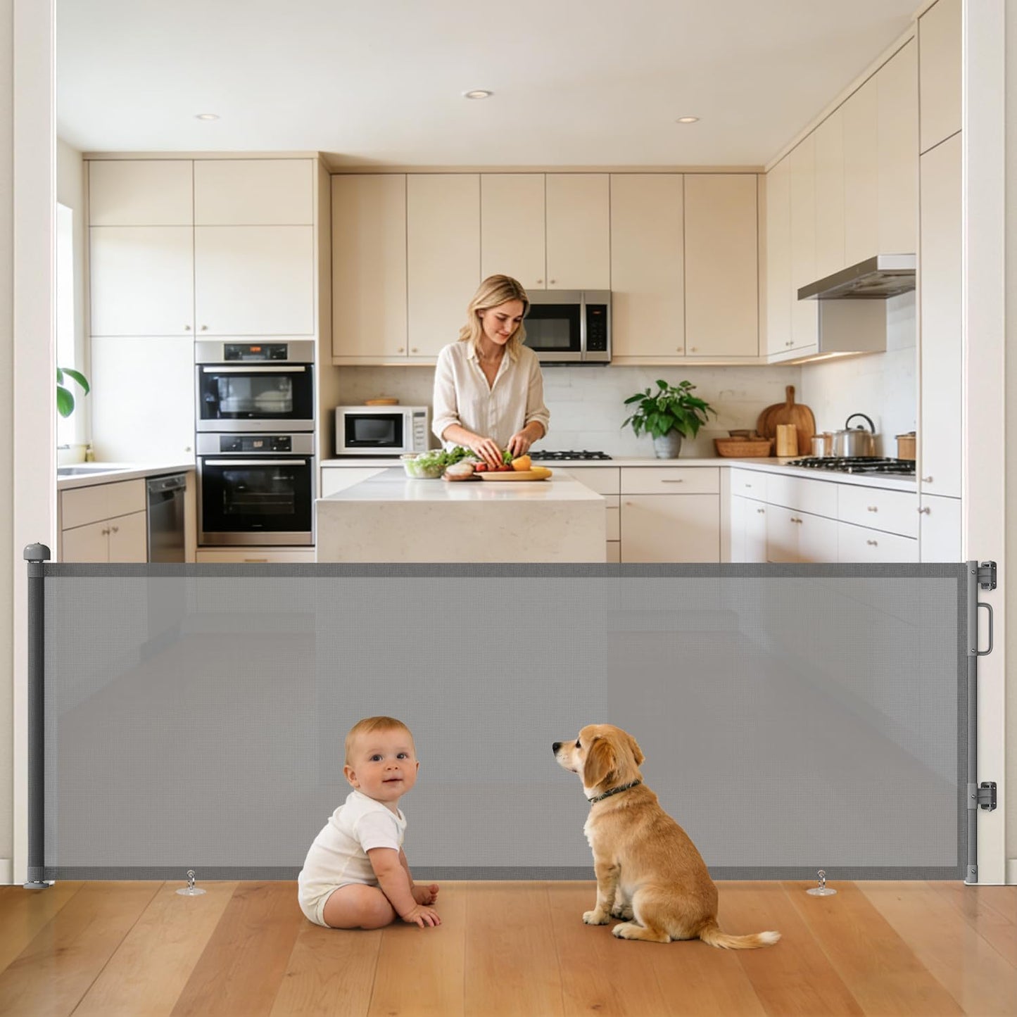 Retractable Baby Gate for Stairs & Doorways, Mesh Dog Gate Indoor Outdoor, Extends to 55" Wide 34" Tall Child Gate for Hallways, Deck, Porch, Pet Toddler Safety Essentials, Easy Install, Grey