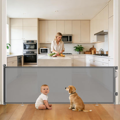 Retractable Baby Gate for Stairs & Doorways, Mesh Dog Gate Indoor Outdoor, Extends to 55" Wide 34" Tall Child Gate for Hallways, Deck, Porch, Pet Toddler Safety Essentials, Easy Install, Grey