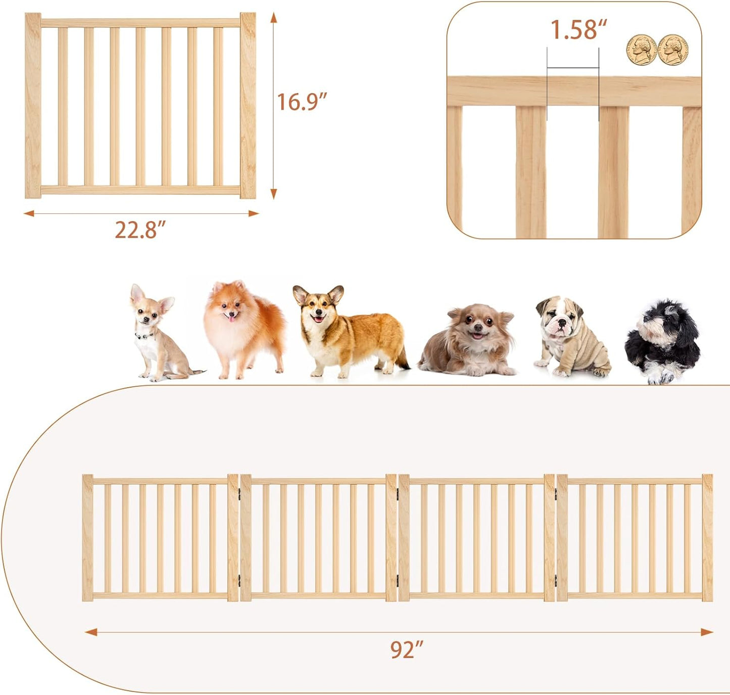 YOCAN Non-Painted Wood FreeStanding Pet Gate for Dogs,Wooden Dog Gates for Doorways, Stairs,The House, Dog Fences Indoor Puppy Gate-2 Panel H:23”