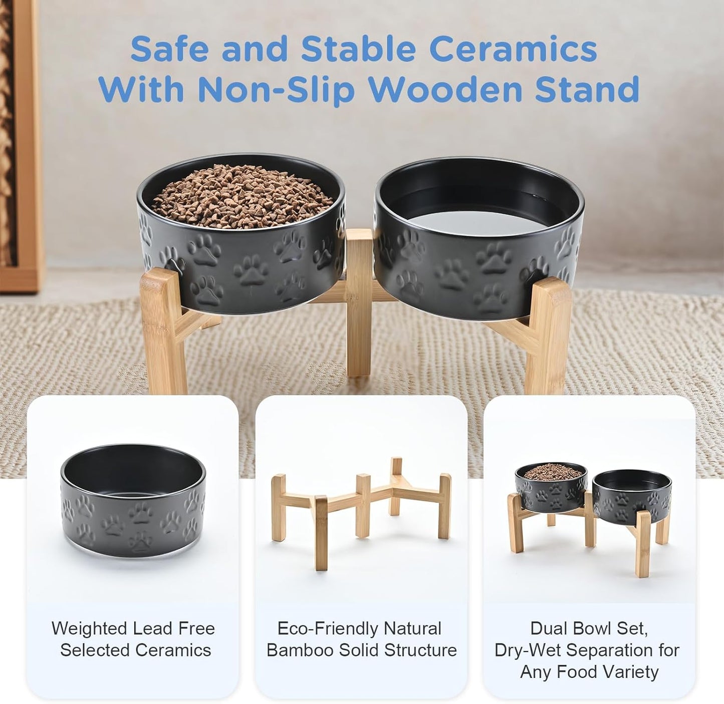 SPUNKYJUNKY Elevated Dog Bowls Ceramic, 6.1'' Dogs and Cat Food Water Bowls Raised with Non-Slip Bamboo Stand for Medium Sized Breed Microwave Dishwasher Safe - 28.7 OZ,Beige