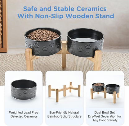 SPUNKYJUNKY Elevated Dog Bowls Ceramic, 6.1'' Dogs and Cat Food Water Bowls Raised with Non-Slip Bamboo Stand for Medium Sized Breed Microwave Dishwasher Safe - 28.7 OZ,Beige