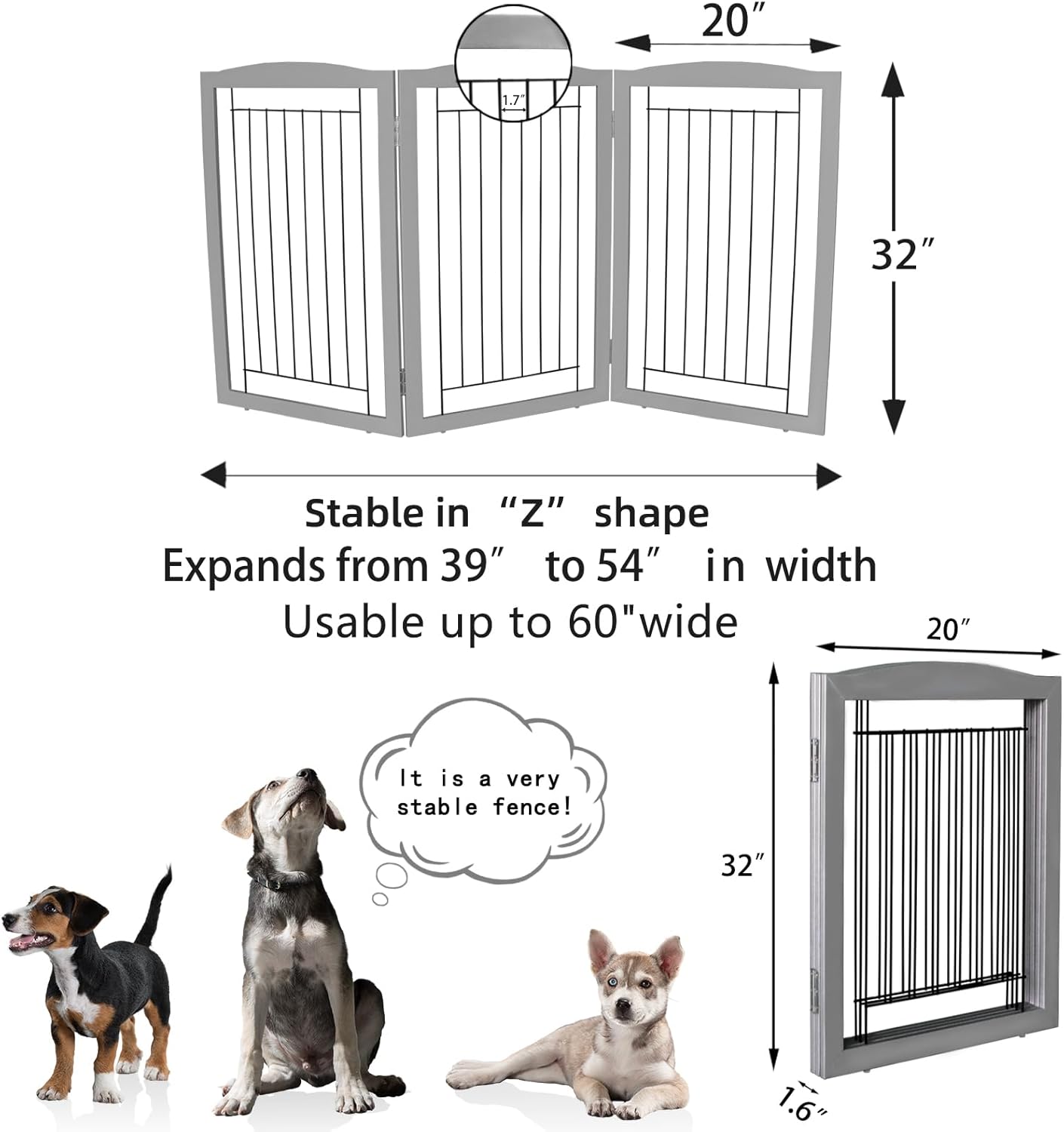 ZJSF Freestanding Foldable Dog Gate for House Extra Wide Wooden White Indoor Puppy Gate Stairs Doorways Pet Gate Tall Dog Fence 3 Panels Fence