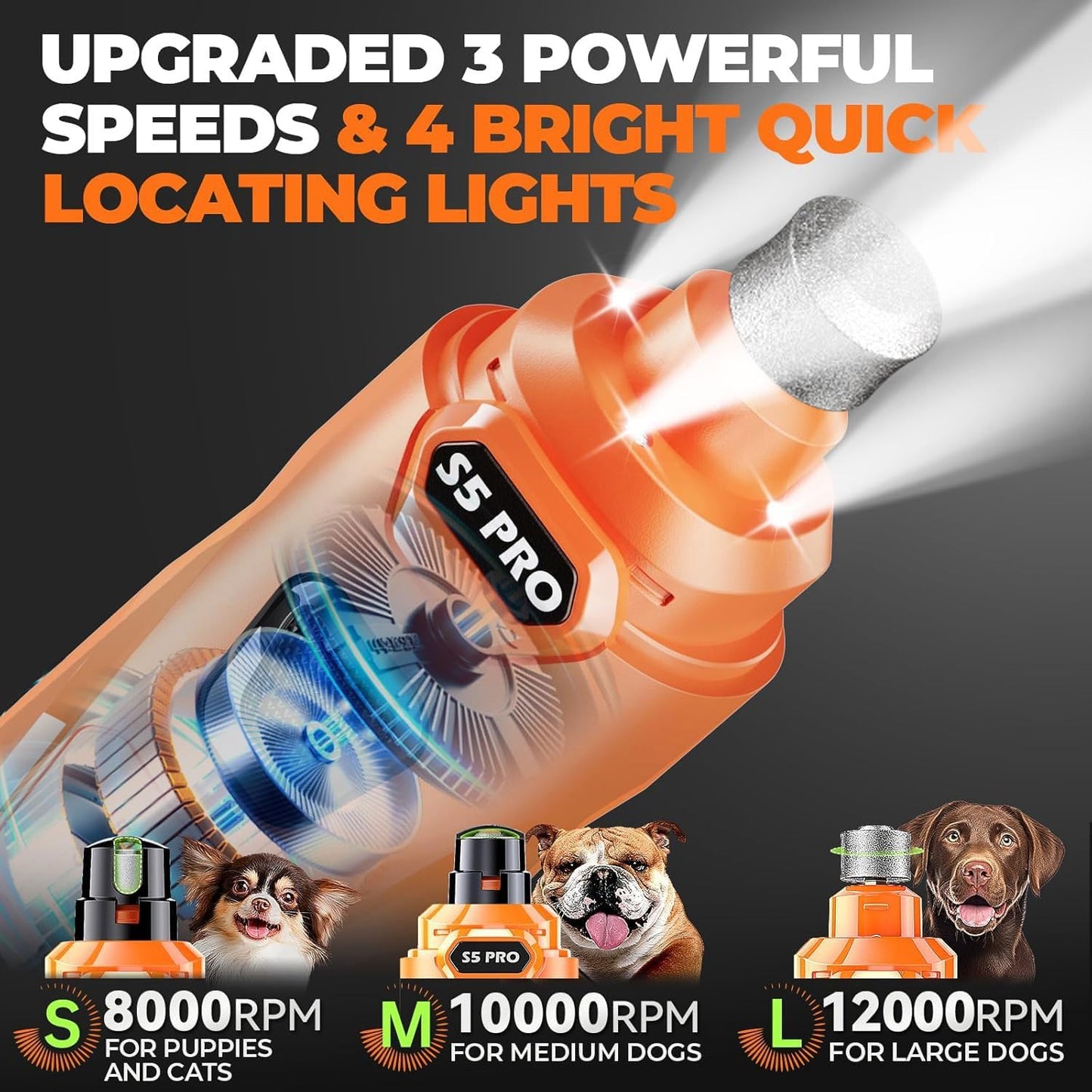 Whisper Quiet Dog Nail Grinder with 4 LED Lights, Safe & Stress-Free for Sensitive Dogs Cats of All Breeds & Sizes, 3 Grinding Bits, 3-Speed, Pet Nail Trimmers, Rechargeable Painless Grooming Kit