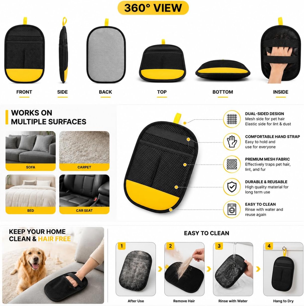 Pet Hair Remover Glove for Dogs & Cats – Reusable Fur Cleaning Mitt for Couch, Carpet, Furniture & Clothes – Easy Lint & Hair Removal Tool