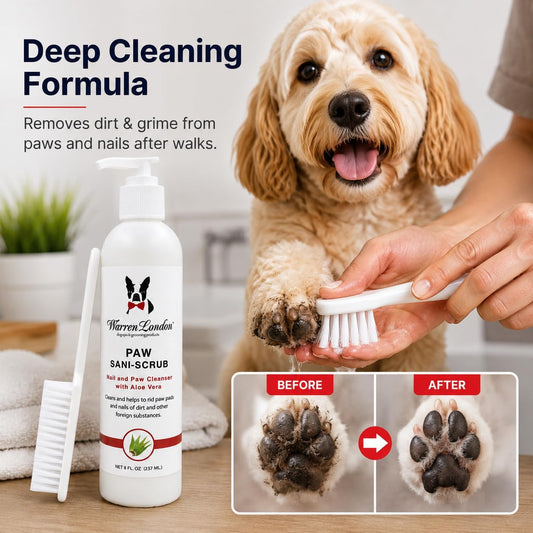 Warren London Paw Scrub – Deep Cleaning Paw & Nail Cleanser with Aloe Vera – Removes Dirt & Grime – Includes Scrub Brush – Made in USA - 8 oz