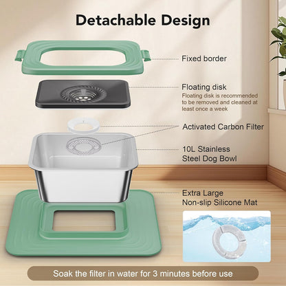 Decflow 10L Stainless Steel Dog Water Bowl, No Spill Anti-Splash Dog Bowls with XXL Silicone Mat, Spill-Proof Slow Feeder for Messy Drinkers, Heavy Duty Pet Bowls for Indoor/Outdoor Use Grey