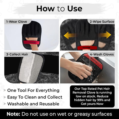 Pet Hair Remover Glove (2 Pack) – Reusable Electrostatic Pet Hair Removal Mitt for Couch, Carpet, Car Seat & Laundry – Cat & Dog Fur Cleaning Tool for Furniture