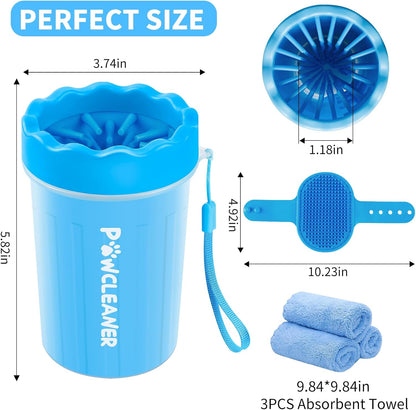 Professional 7 in 1 Dog Paw Cleaner for Dogs & Cats - Includes 1 Portable Paw Washer, 1 Bath Brush, 2 Dog Toothbrushes and 3 Absorbent Towels Note: Fits Paws up to 2 Inches Wide (Small, Blue)