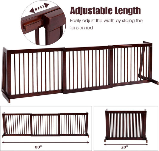 PETSITE Free Standing Retractable Wooden Dog Gate Indoor, 28-80 Inches Adjustable Pet Gate for Doorways, Stairs, Hallway, Kitchen, Easily Crossable with One Step, Ideal for Small & Medium Sized Dogs