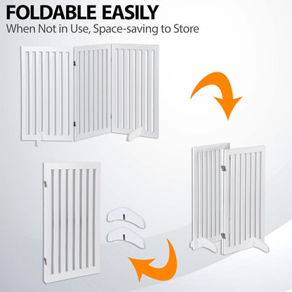 Freestanding Dog Door Indoor Folding Puppy Gate for Doorways Stairs 4-Panel Wood Pet Safe Barrier Fence for Hallways, Gray